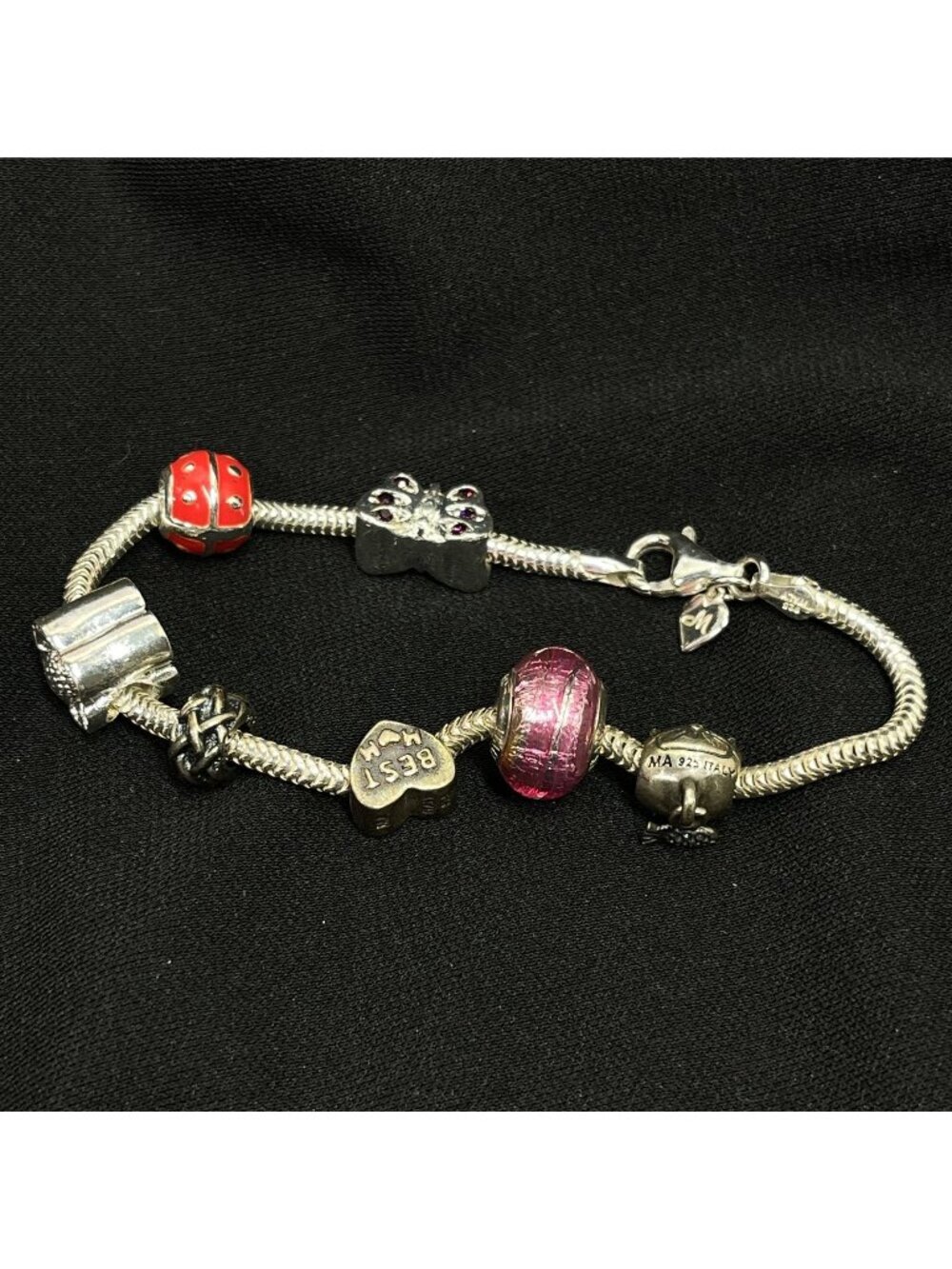 Michael Anthony 925 Italy Silver Charm Bracelet W/ Murano Glass & Heart Charms